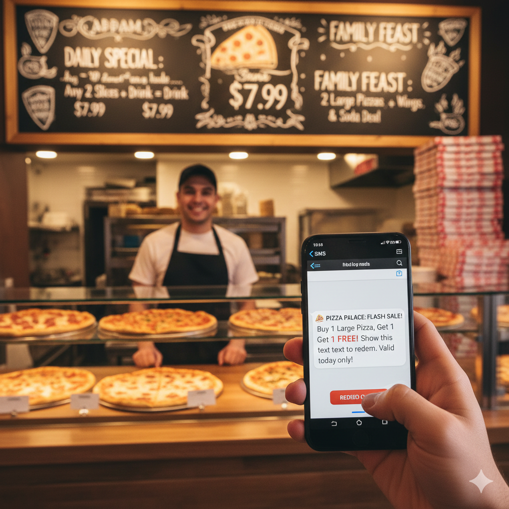 Phone showing pizza promotion text message